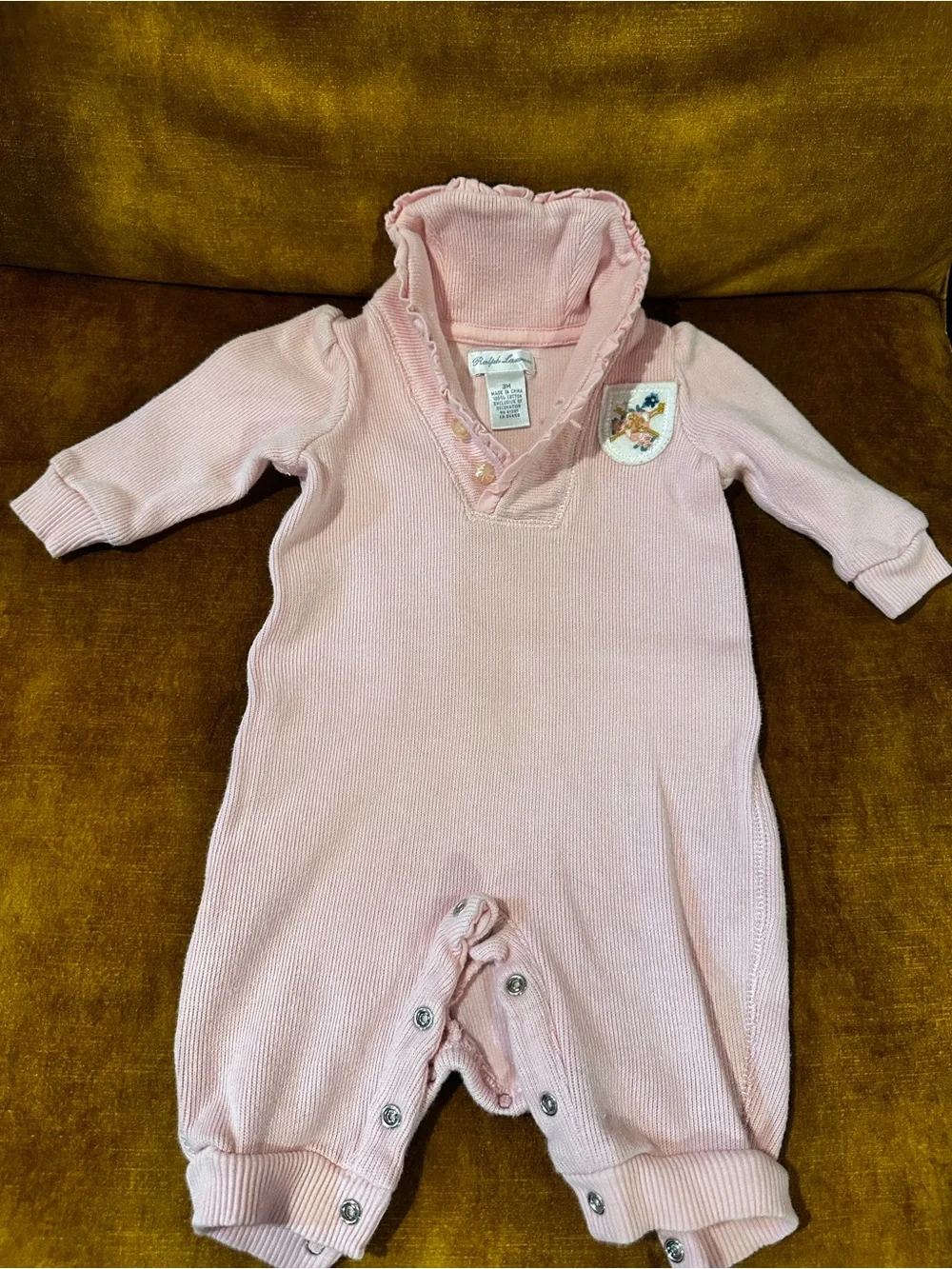 Ralph Lauren Pink Ruffle Collar Polo with Embroidered Crest Patch